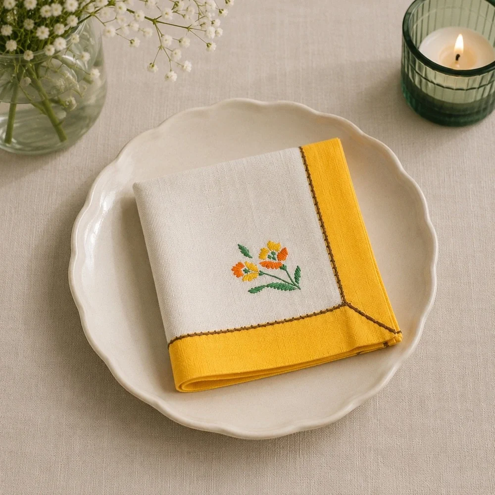 Vintage Set of 4 Linen Cocktail Napkins Cream Yellow Floral Embroidery 10x10 Sq